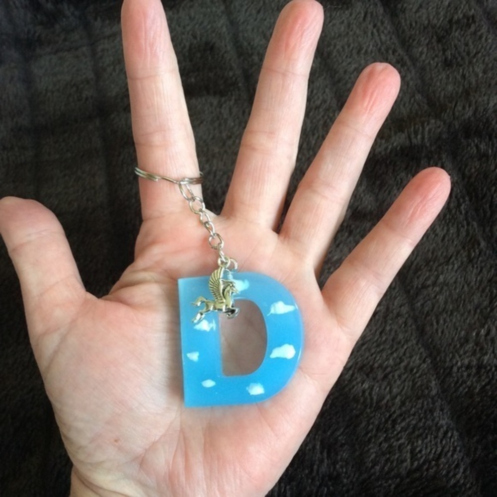 Handmade Letter D with Pegasus Clouds Sky Keychain